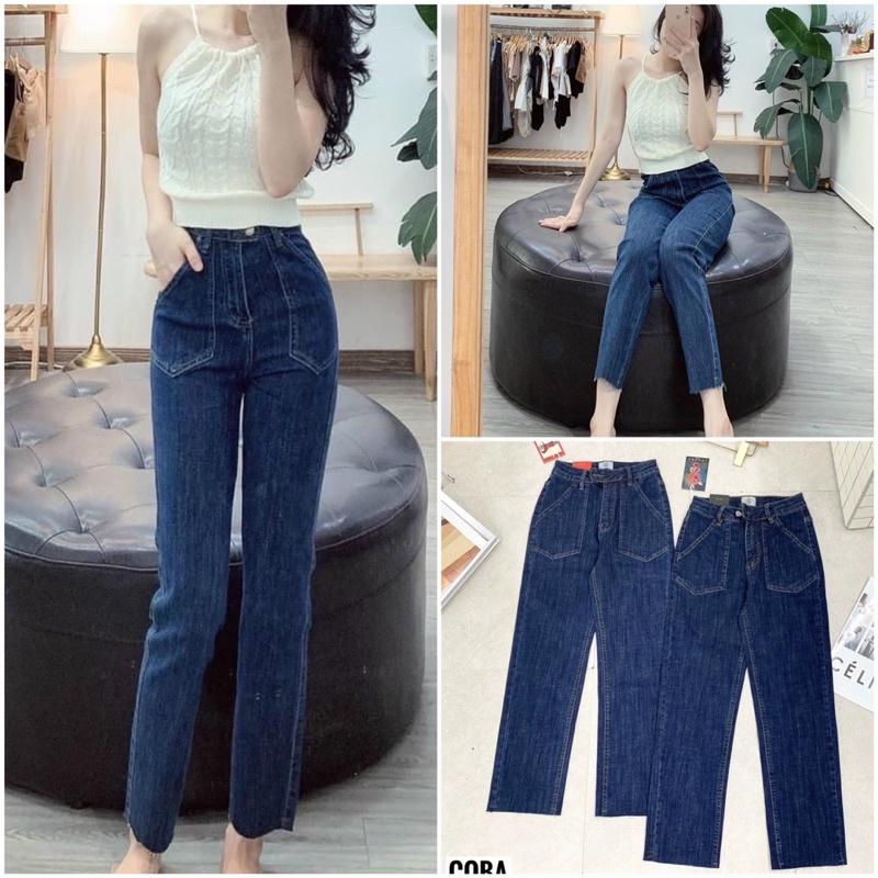 Quần jean nữ suông ống đứng cạp cao túi vuông siêu hót