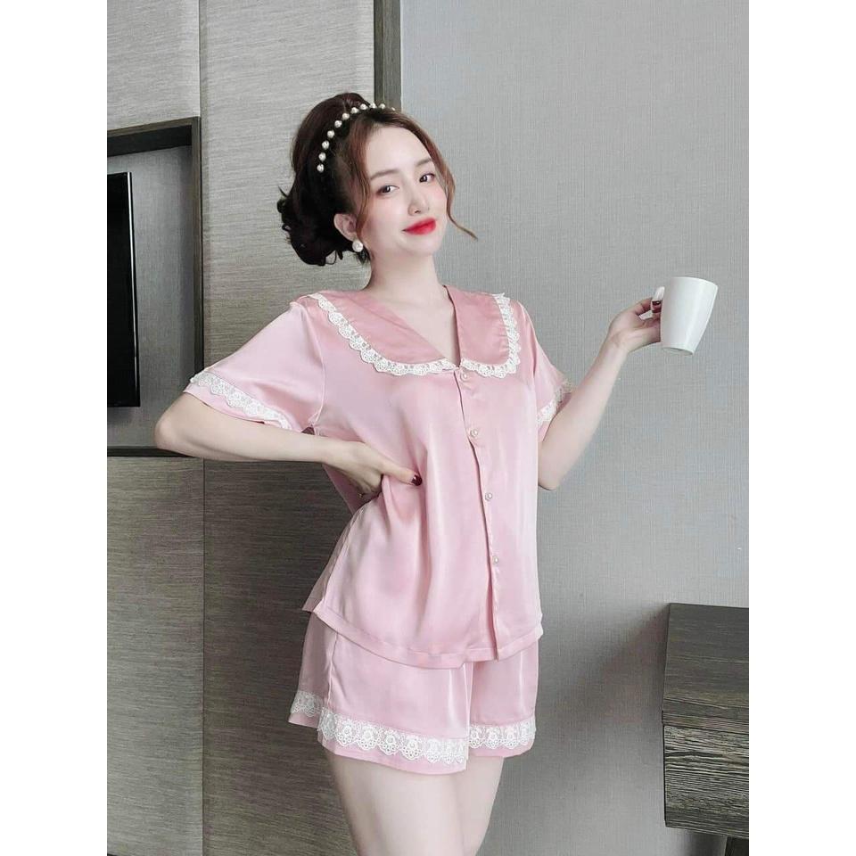 Bộ Pijama, Bộ Lụa LATIN CAO CẤP, Đồ Mặc Nhà Kiểu Quần Ngắn, Lá Cổ Trắng Viền Ren, Hàng Đẹp May Kỹ, Phom Dưới 58kg