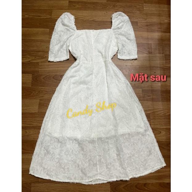 Đầm midi trắng 2 lớp tay phồng cổ vuông cao cấp