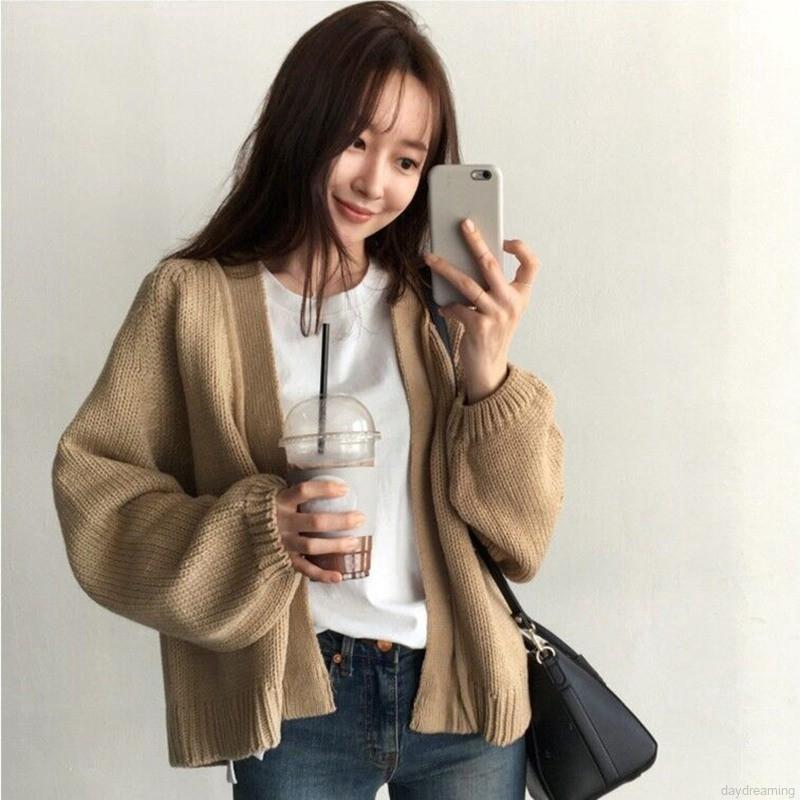 Áo khoác Cardigan dệt kim tay dài màu trơn thiết kế dáng rộng thoải mái