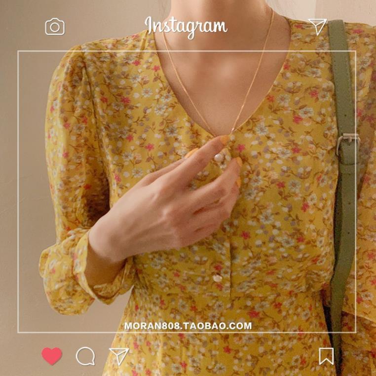 Váy MORAN hoa nhí dài tay dáng xòe Vintage Hàn Quốc ! *