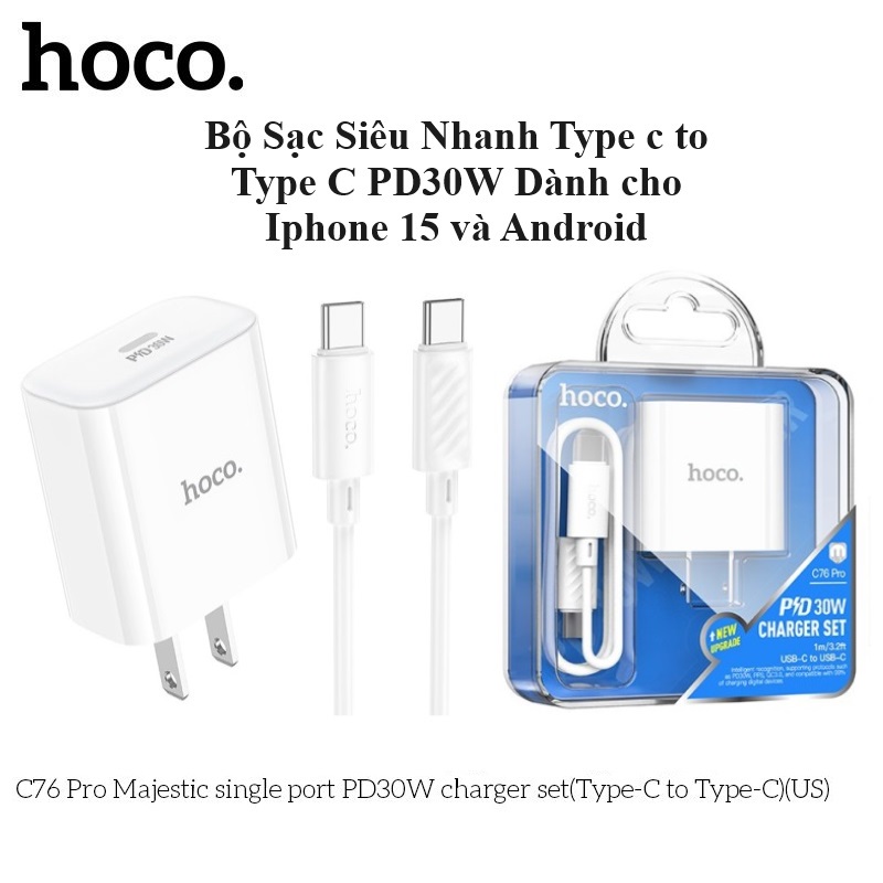 Bộ Sạc Siêu Nhanh Type C PD 30W Cho Iphone 15 và Android mới nhất Hoco. C76 Pro dây sạc type c to type c dài 1m, củ sạc tích hợp chip thông sạc nhanh an toàn bảo vệ máy - Hàng Chính Hãng