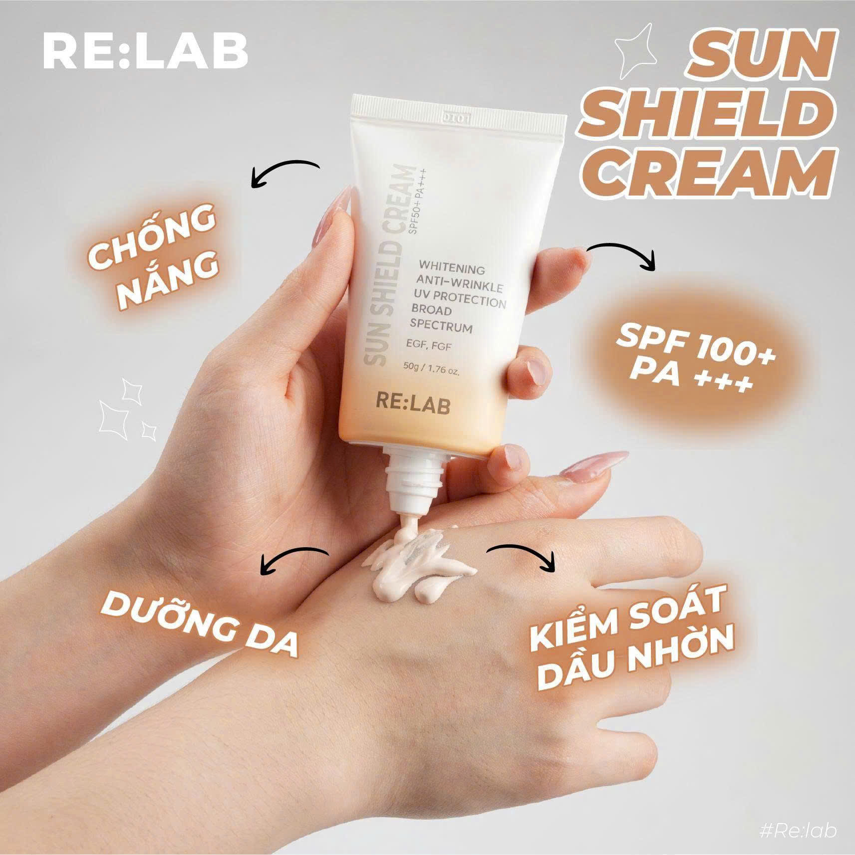 Kem chống nắng Re:lab Sun Shield Cream 50g nâng tông cấp ẩm dưỡng trắng da SPF 50PA+++_chống nắng relab