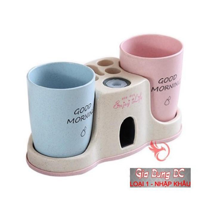 Khay nhả kem kèm 2 cốc đánh răng tự động lúa mạch - dụng cụ gắn tường tiện ích