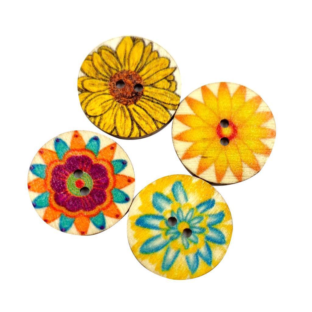 Pack of 100 Mixed Random Flower Patterns Round Wooden Buttons Assorted Colors for DIY Sewing Crafting DIY, 15mm 20mm