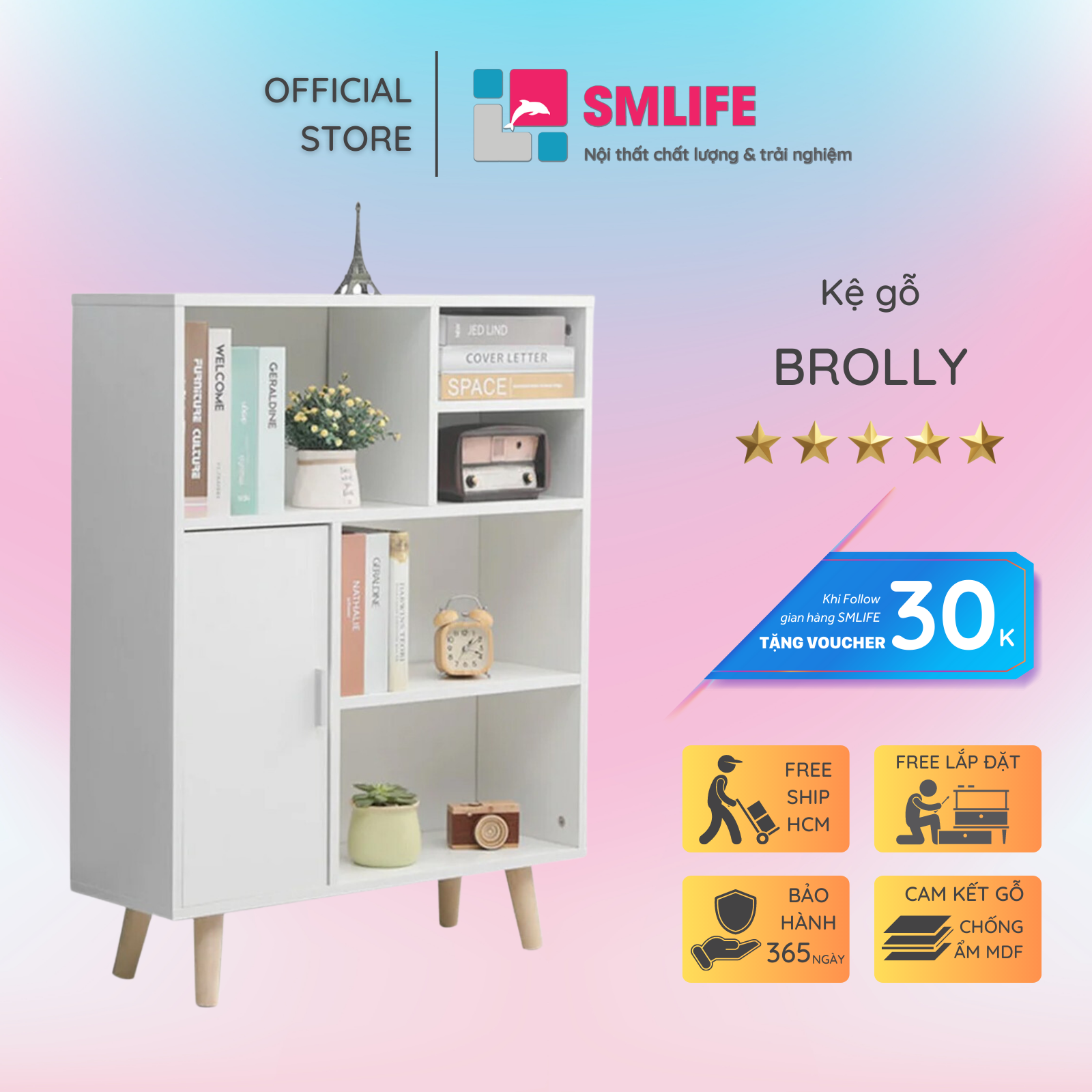 Kệ sách, kệ trang trí gỗ hiện đại SMLIFE Brolly | Gỗ MDF dày 17mm chống ẩm | D70xR25xC95cm