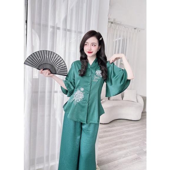 Đồ Bộ Nữ, Bộ Đồ Lam thêu hoa, lụa tuyết nhung, Freesize 40-65kg, tuỳ chiều cao