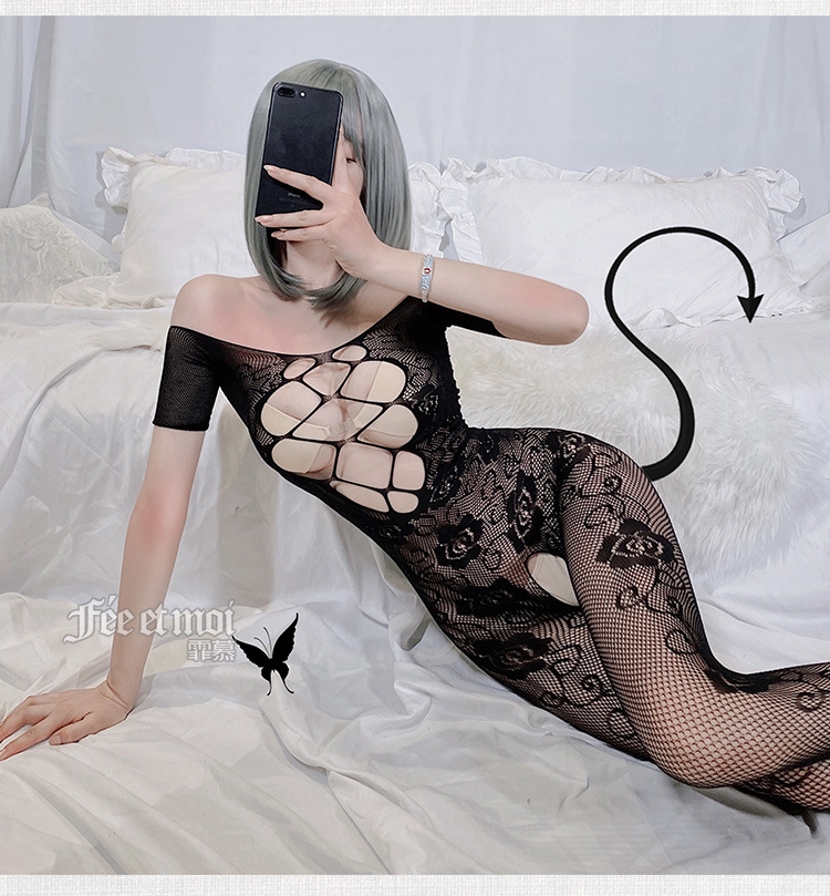 Đồ Ngủ Sexy Thun Lưới Bó Sát Bodystocking Đan Ngực Cộc Tay Tất Toàn Thân