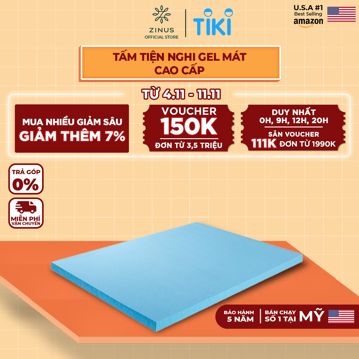 Topper Tấm Tiện Nghi Làm Mềm Nệm Gel Mát Cao Cấp Zinus - Gel Memory Foam Mattress Topper with Cover 180x200*7.5cm