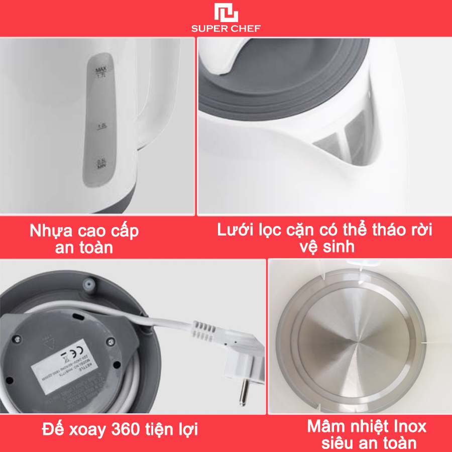 Ấm Đun Siêu Tốc Nhựa 1.7 Lít Chính Hãng Super Chef Công Suất đến 2200W Đun Nhanh, Nhựa Chịu Nhiệt, An Toàn Sức Khỏe, Nhiều Tính Năng An Toàn, Siêu Tiện Lợi, Giá Tốt SC_KP1775