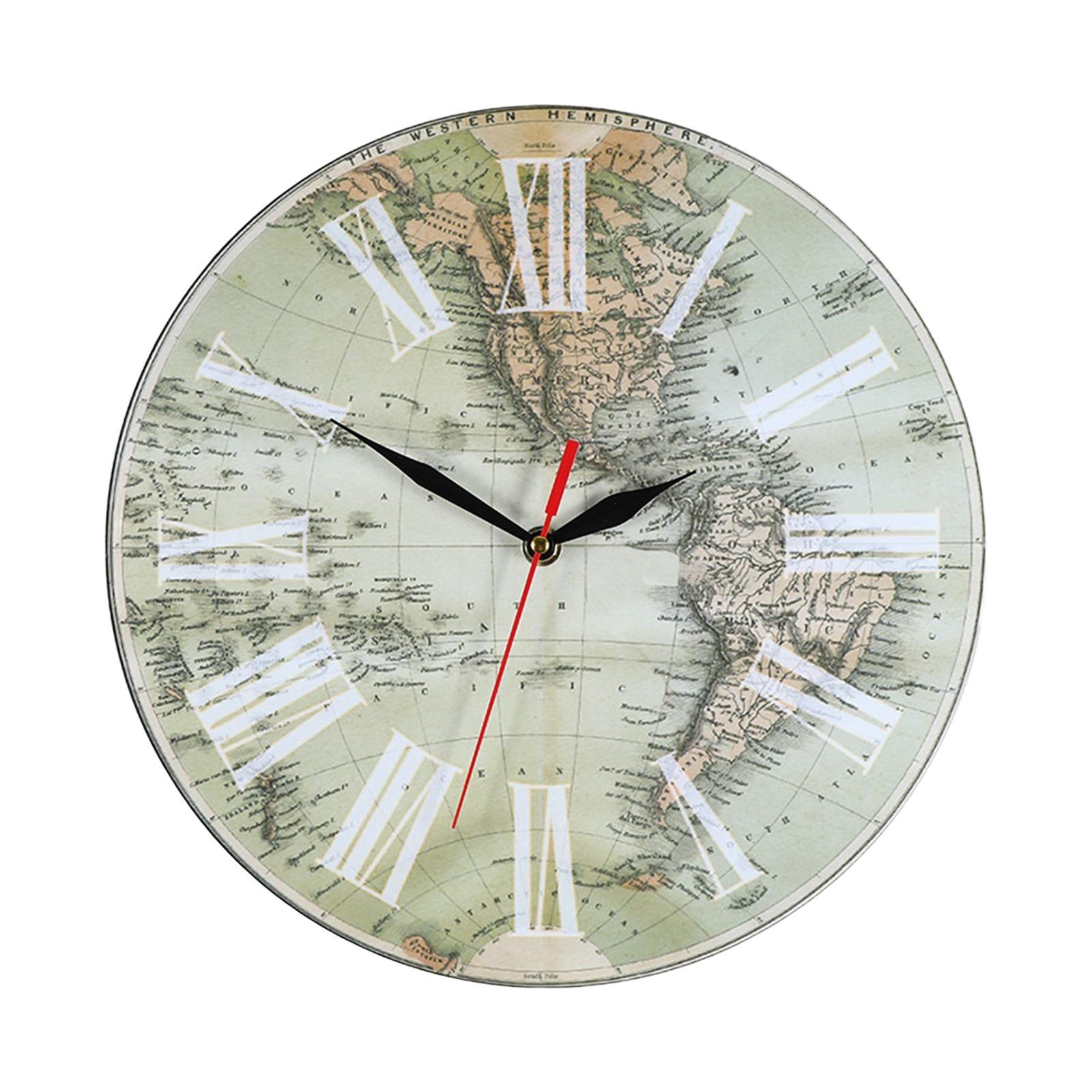 Old World Map Round Wall Clock Silent Non Ticking Battery Operated