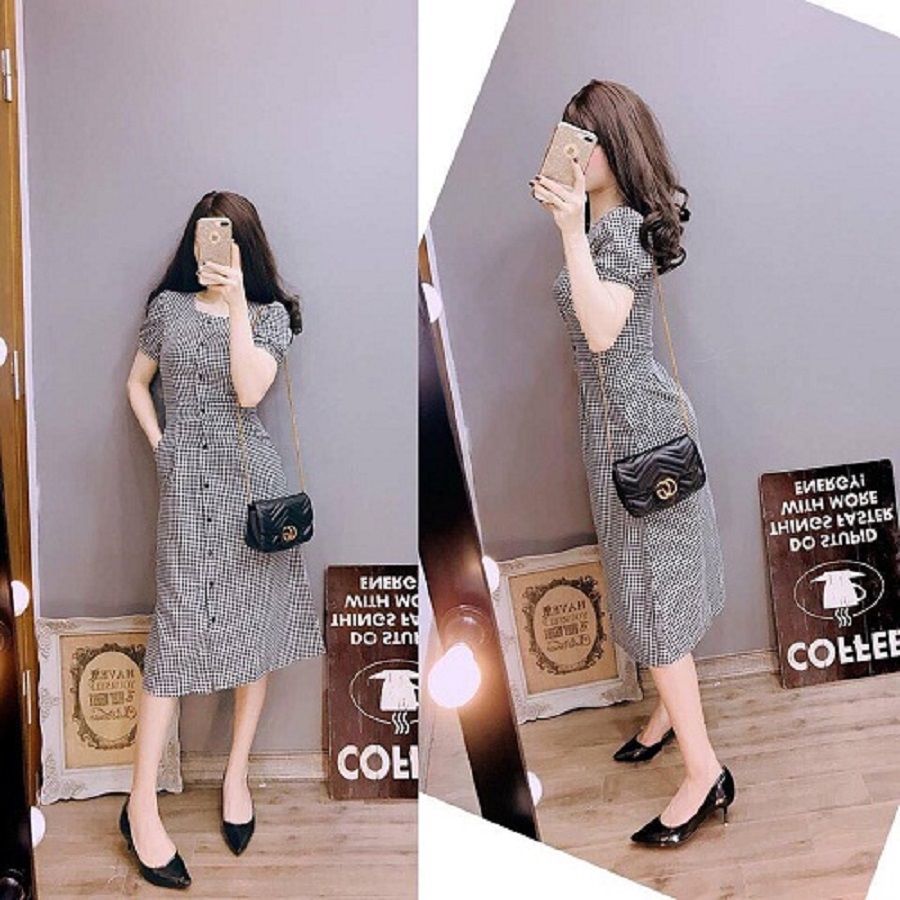ĐẦM VINTAGE KẺ SỌC CÀI NÚT TAY PHỒNG