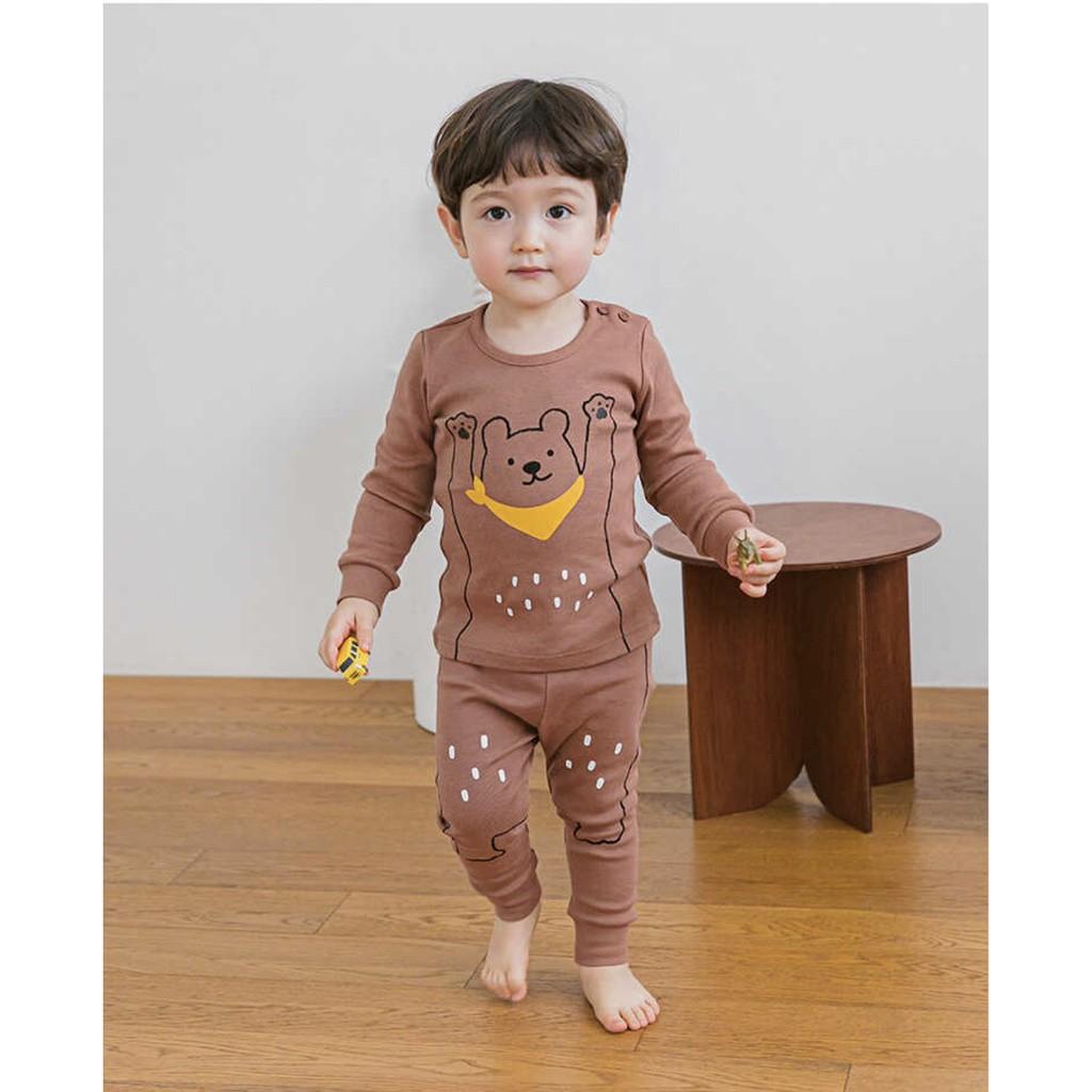 ĐỒ BỘ DÀI TAY CAO CẤP TRẺ EM NỘI ĐỊA HÀN, CHẤT THUN COTTON ORGANIC, MẪU GẤU NÂU
