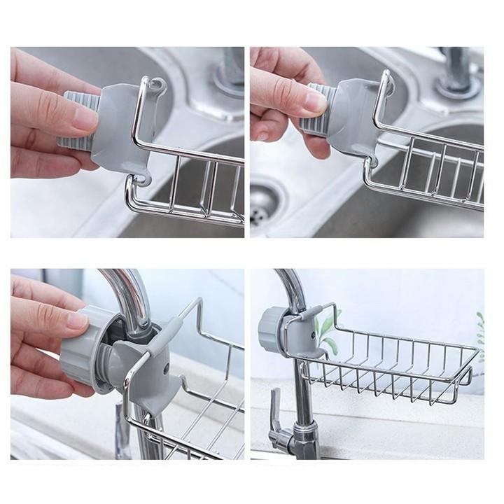 Kệ inox gắn vòi nước đa năng, giá để giẻ rửa bát dụng cụ nhà bếp tiện ích