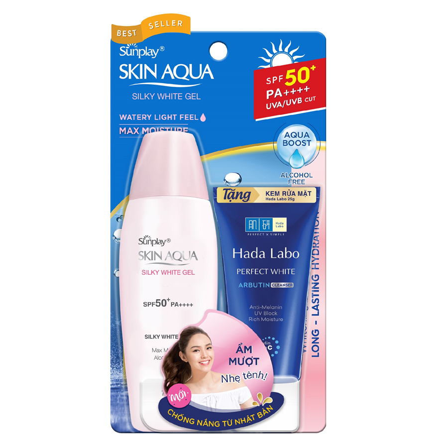 Gel Chống Nắng Dưỡng Trắng Sunplay Skin Aqua Silky White Gel SPF50+, PA++++ (70g) + Tặng Kem rửa mặt Hada Labo 25g
