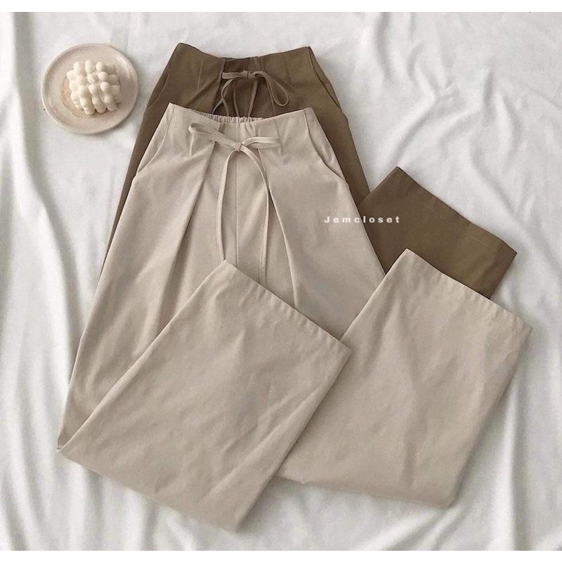 Quần ống rộng suông, Quần culottes nữ lưng cao thắt dây nơ lưng chun chất kaki thô