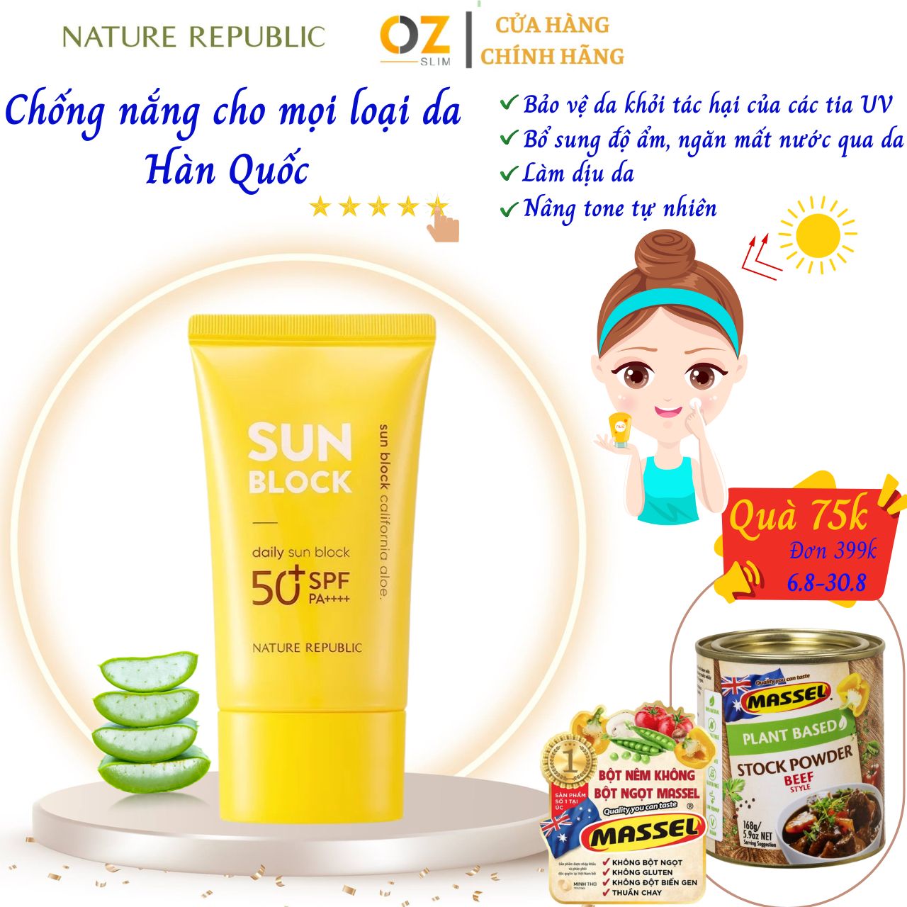 Kem Chống Nắng Cho Mọi Loại Da Hàn Quốc Nature Republic California Aloe Daily Sun Block SPF50+PA+++