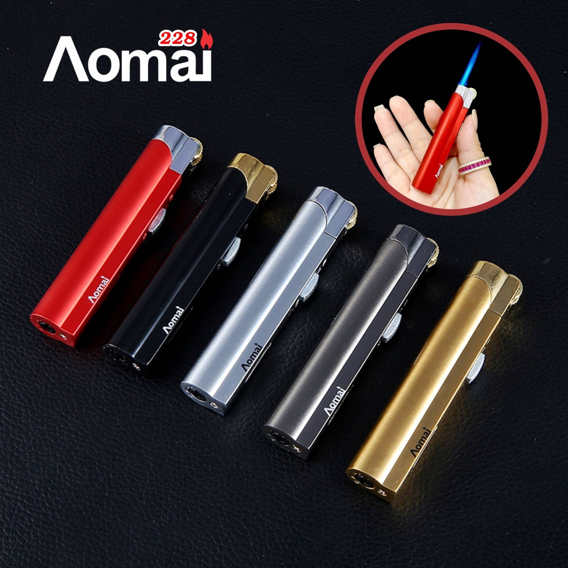 Vỏ Hột Quẹt Bật Lửa Ga Đá Khò 1 Tia cực mạnh Aomai AM-228 Giữ Lửa Tự Động an toàn