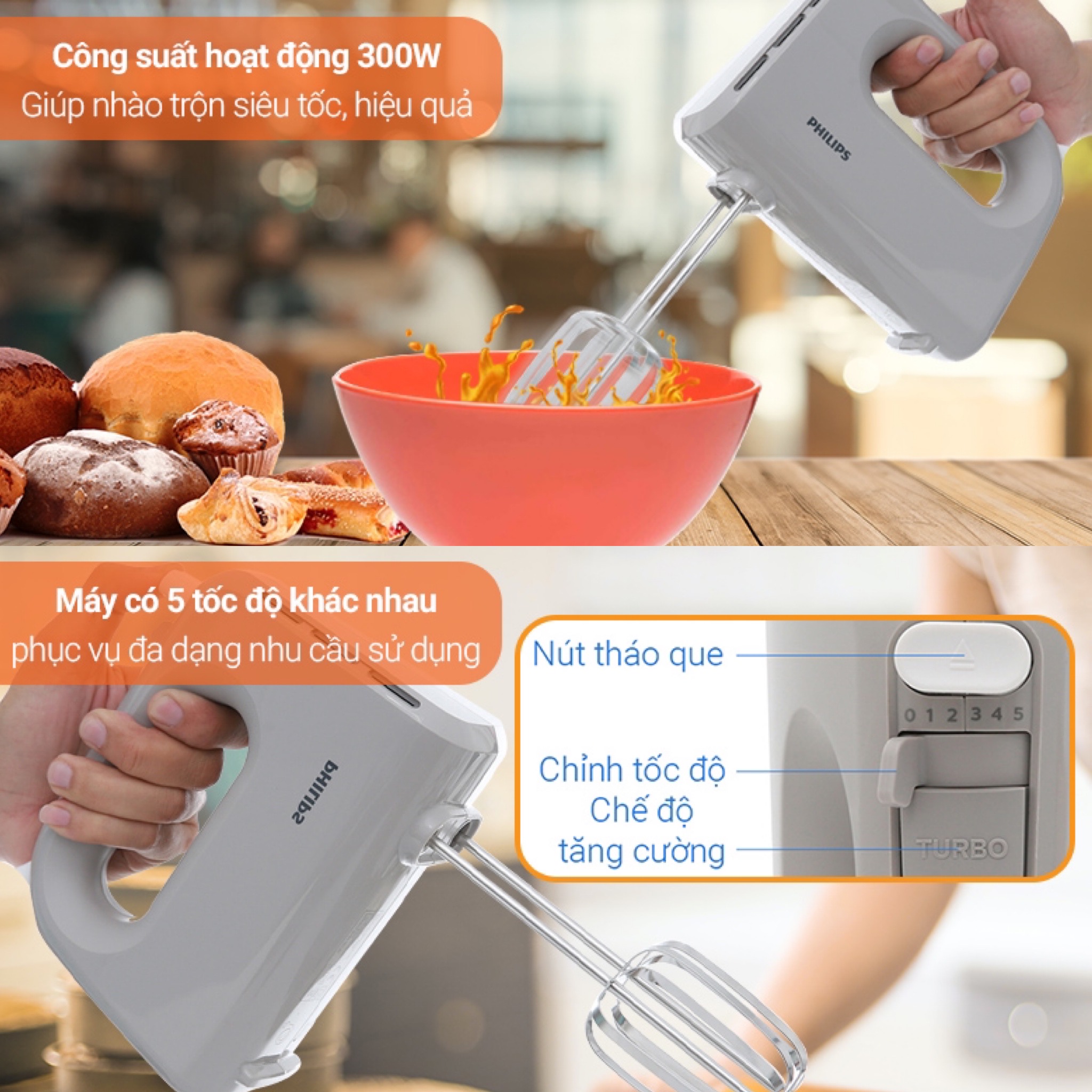 Máy Đánh Trứng Philips HR3705 - Công Suất 300W - Hàng Chính Hãng