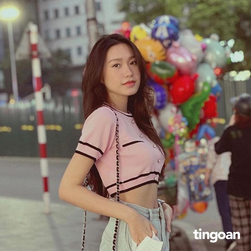 Áo len ngắn tay viền đen chống nhăn hồng tingoan ALISSA TOP/PK