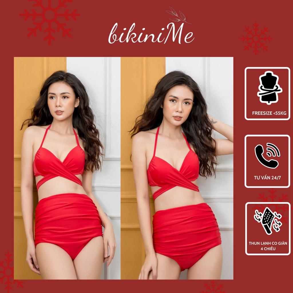 Bikini, đồ bơi nữ hai mảnh 2 dây chéo bụng, quần cạp cao đỏ tươi bikiniMe R40