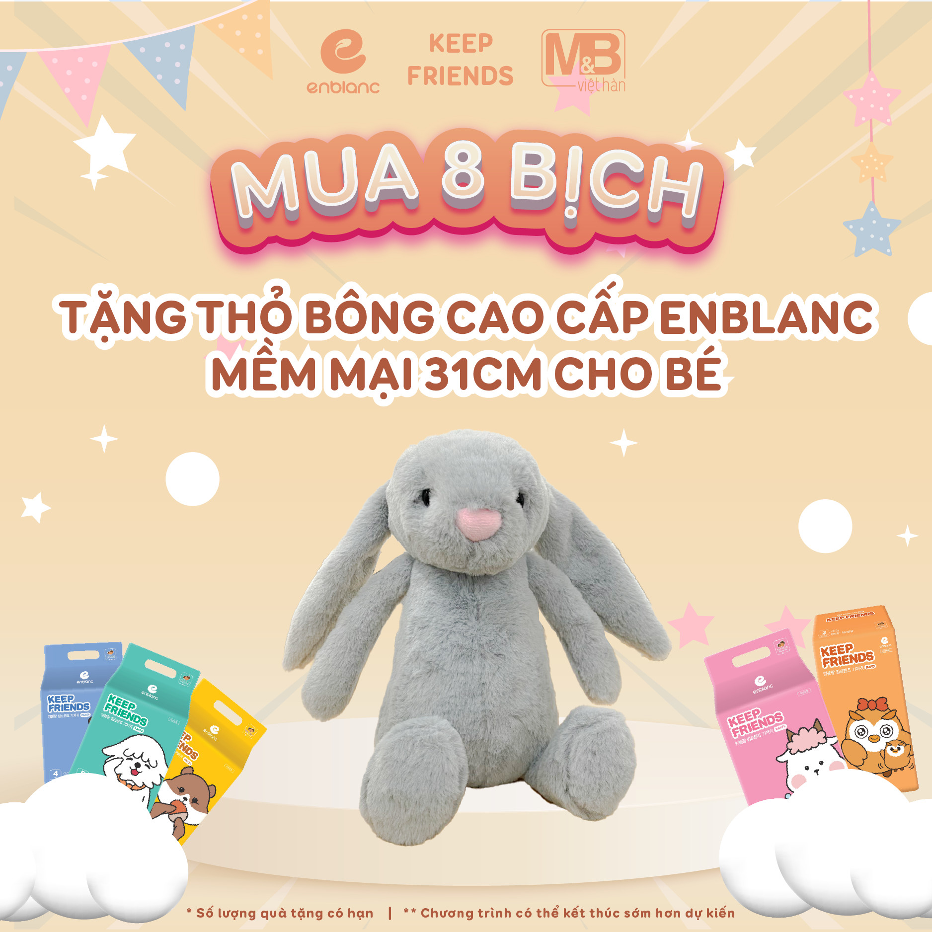 Combo 8 Bịch Tã Quần ENBLANC KEEP FRIENDS Cho Bé Size L26,XL22,XXL18 Chống Tràn, Thấm Hút Nhanh, Mỏng Nhẹ