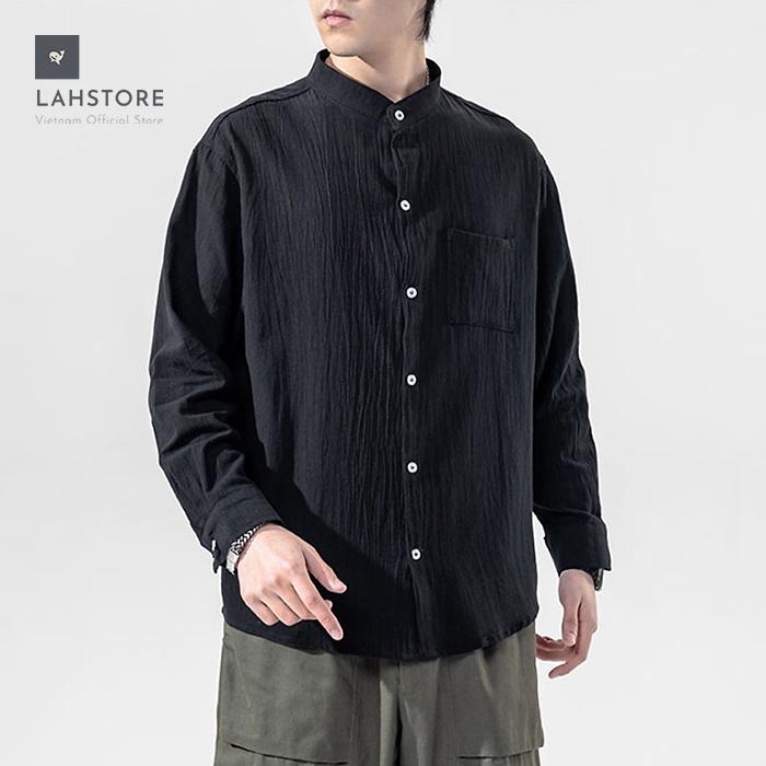 Áo sơ mi đũi nam cổ tầu dài tay form rộng LAHSTORE phong cách Hàn Quốc