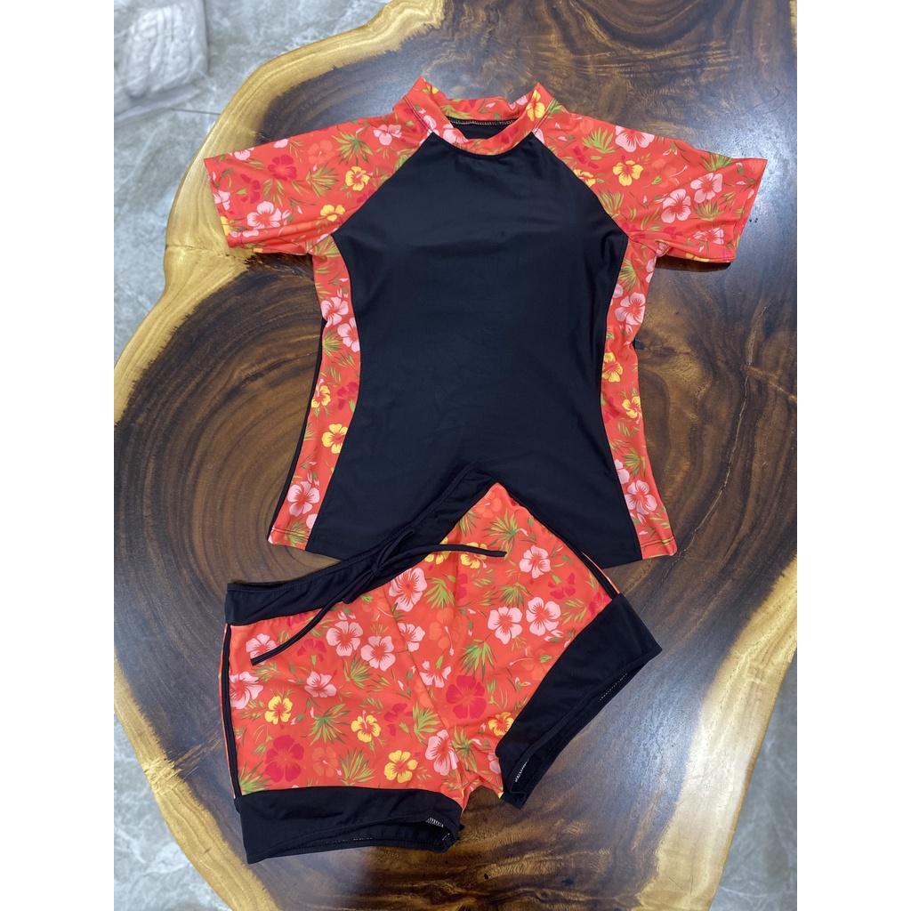 Đồ bơi nữ bikini HAI MẢNH NGẮN TAY QUẦN ĐÙI HOẠ TIÉT Kín Đáo HM-022