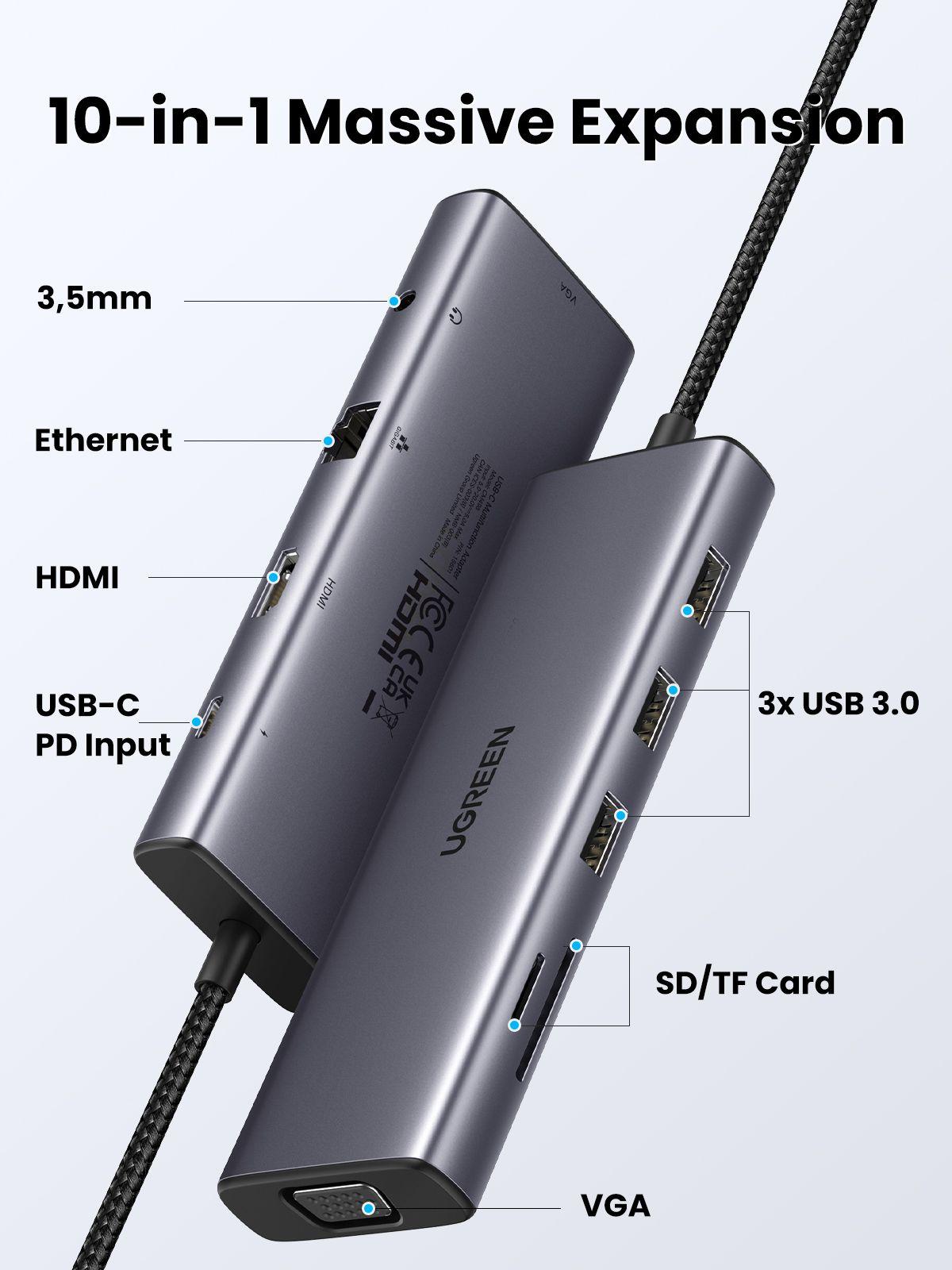 Ugreen UG15601CM498TK USB type C sang 1 x HDMI 4K30hz + 1 x VGA xuất cùng lúc + 1 x RJ45 1Gbps + TF + SD + 3 x USB 3.0 + 1 x 3.5mm NO MIC + 1 x USB-C PD 100W Bộ chuyển 10in1 - HÀNG CHÍNH HÃNG