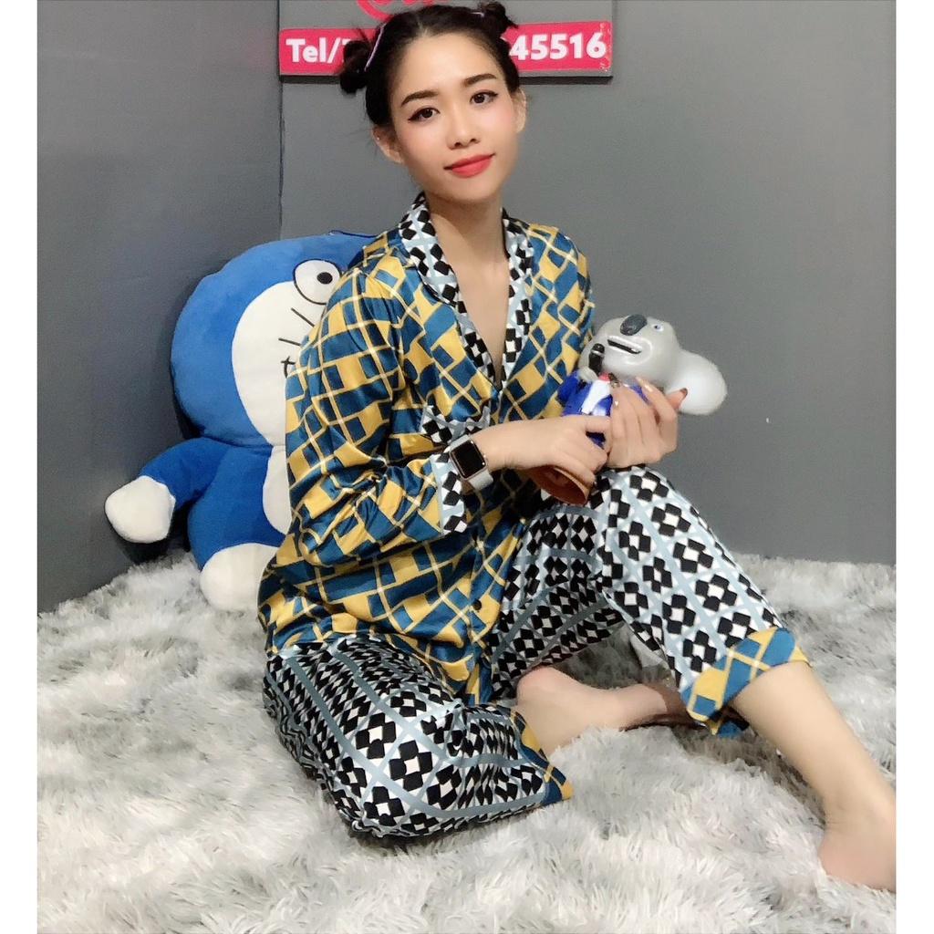 1. Đồ bộ cánh dơi Pijama Satin họa tiết lập phương dài TDQD mát mịn - KLHSTORE2018