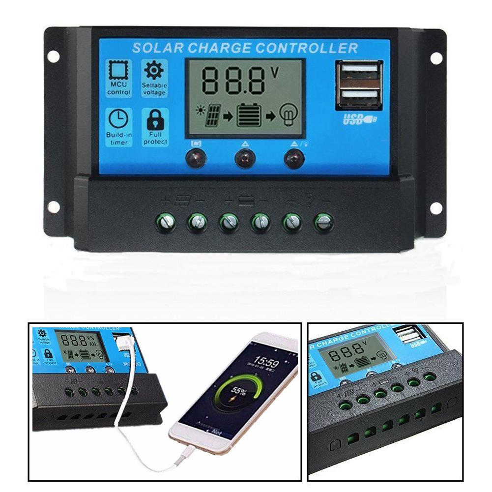 Bộ pin mặt trời đơn tinh thể 18V 25W Bộ sạc điện thoại di động USB kép Cắm trại ngoài trời Chống nước với Bộ điều khiển năng lượng mặt trời 12/24V 100A PWM cho RV Marine