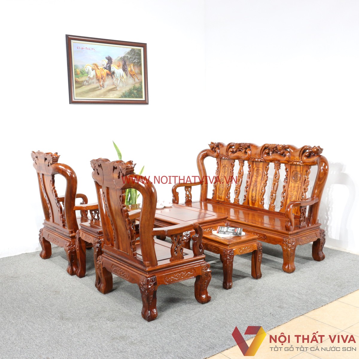 Bộ Bàn Ghế Salon Gỗ Hương Chạm Đào 6 Món Tay 10