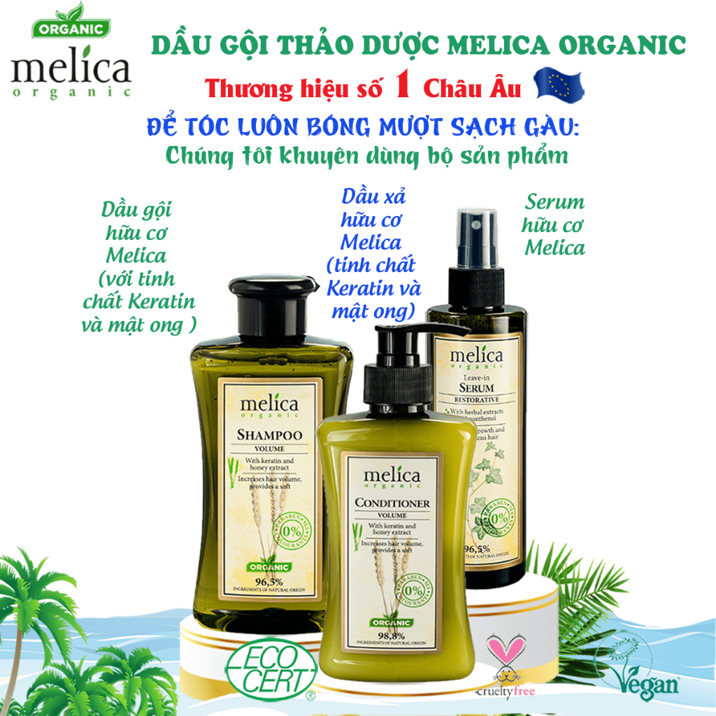 Cặp gội xả thảo dược hữu cơ ngừa rụng tóc, kích thích mọc tóc Melica Organic 300ml Keratin và Protein thủy phân