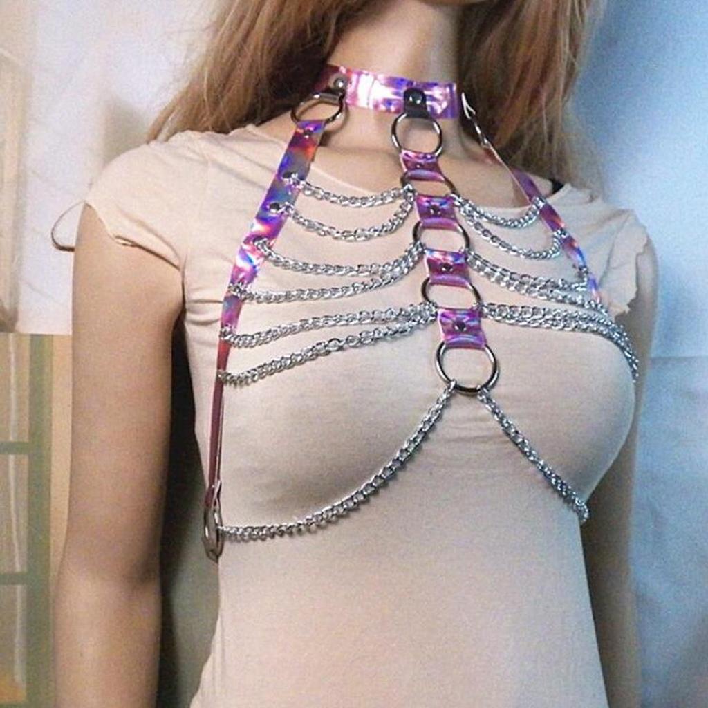 Women PU Leather Adjustable Body Chest Harness Belt Choker Necklace