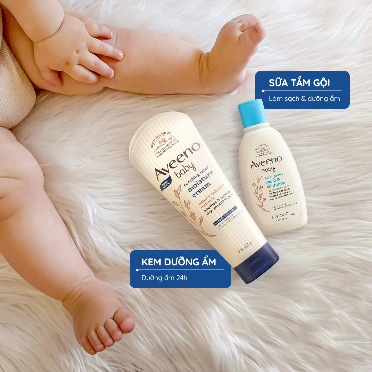 Bộ làm sạch & dưỡng ẩm dành cho da khô & nhạy  cảm cho bé Aveeno Baby (236ml+227g)