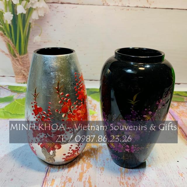 Bình Sơn Mài Lọ Hoa Quả Bầu Vẽ Hoa Đào Cẩn Trứng 17 cm - Vietnamese Lacquer Vase