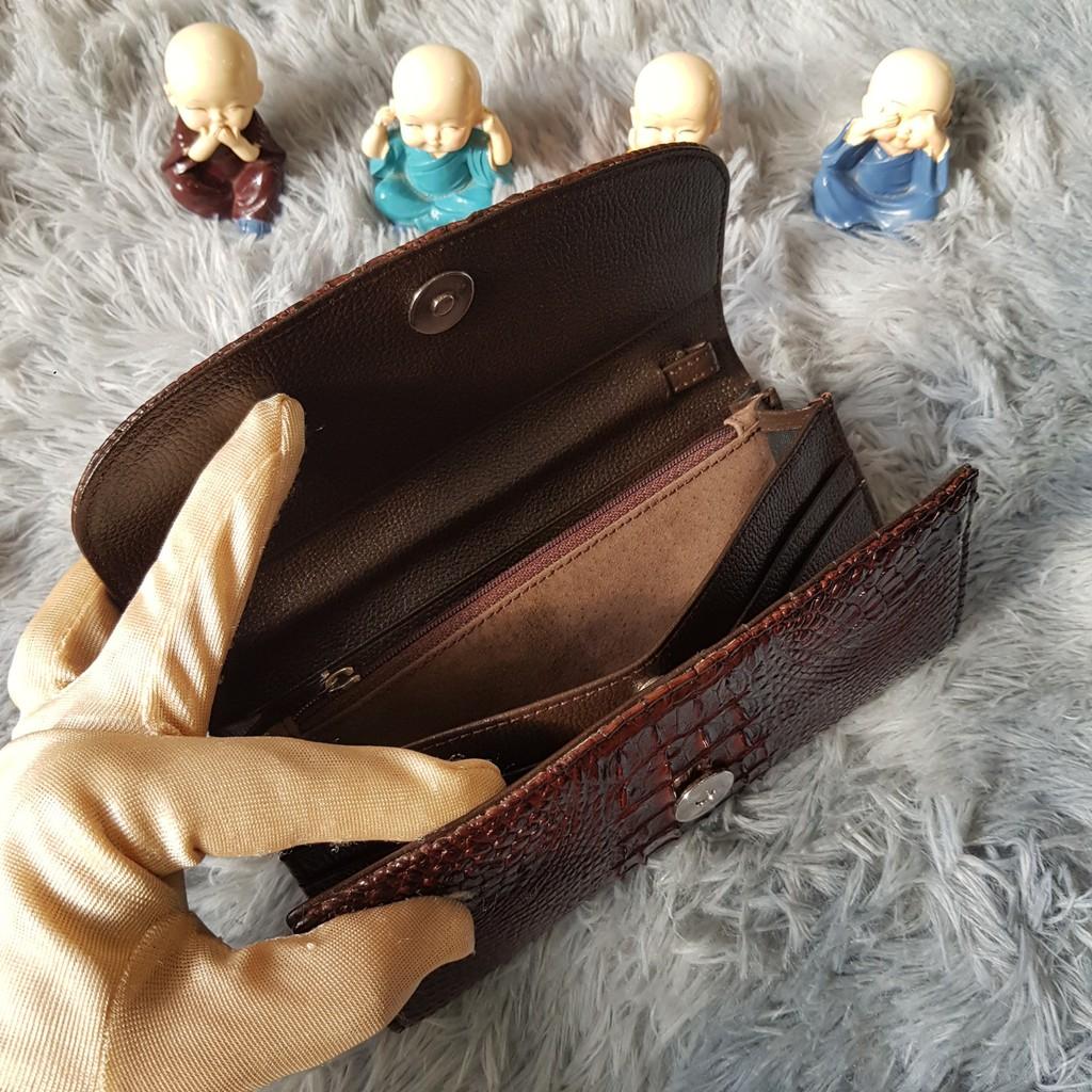 Ví Cầm Tay Cá Sấu Nữ | Ví Clutch Da Cá Sấu Gù Nhỏ | Màu Nâu Cafe | Bảo Hành 24 Tháng.