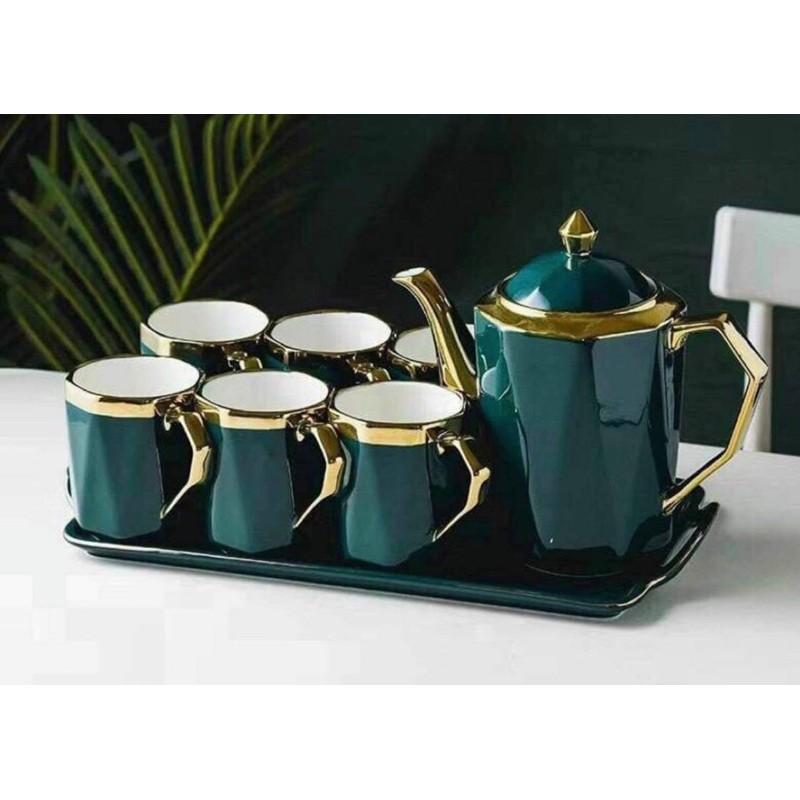 Bộ ấm trà men xanh cổ vịt, mang phong cách Châu Âu. Gốm sứ cao cấp.