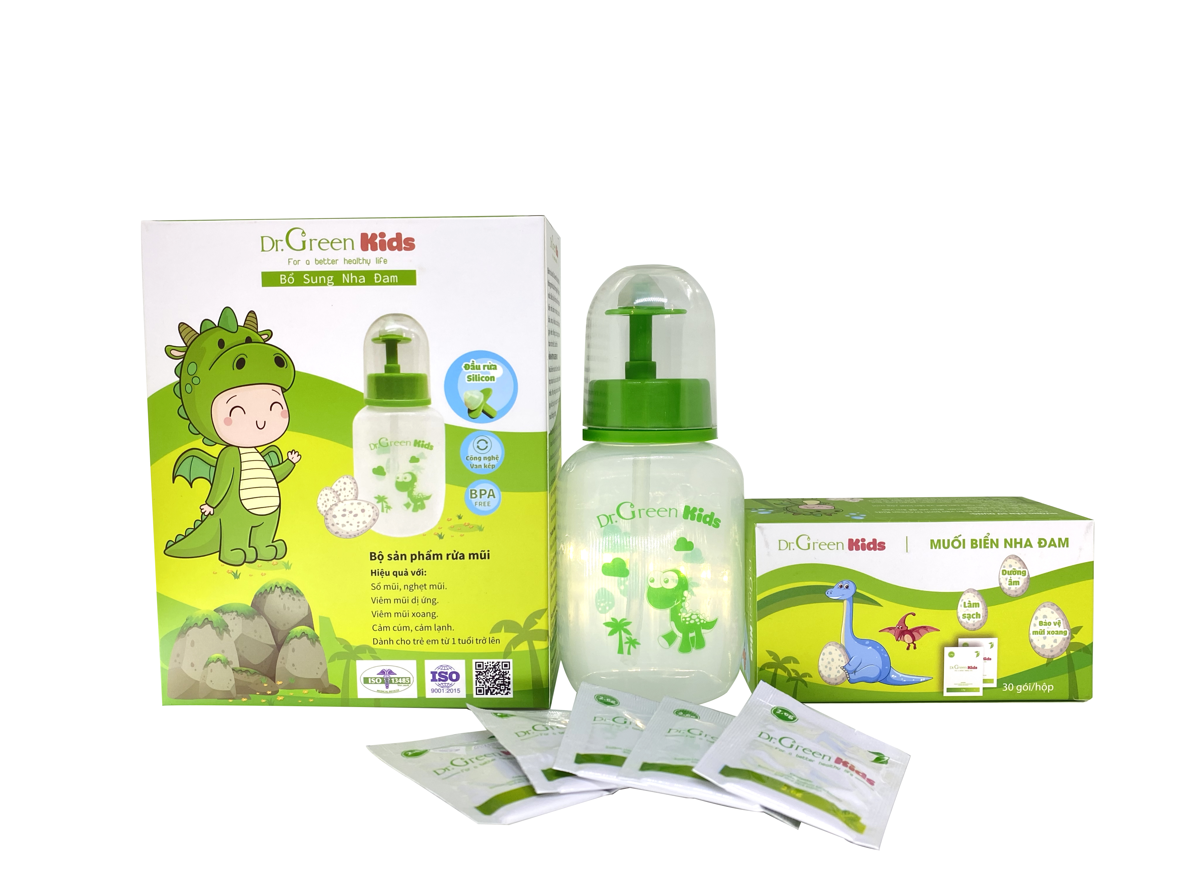 Bình rửa mũi cho trẻ Dr.Green Kids, kèm 30 gói muối rửa mũi, dung tích 180ml, đầu rửa silicon mềm mại, phù hợp rửa mũi với trẻ em