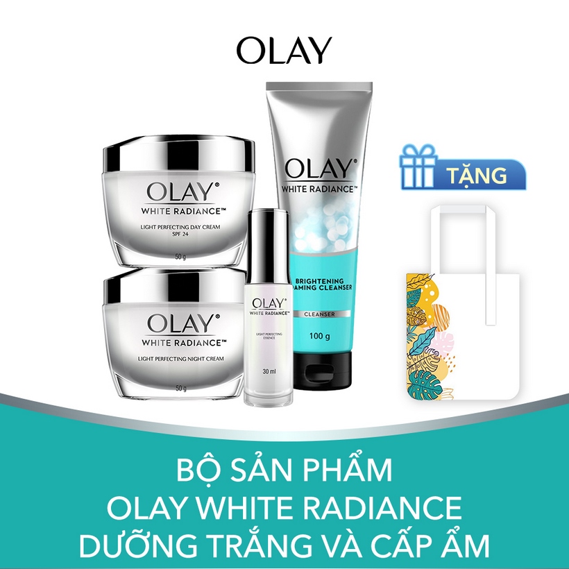 Bộ Sản Phẩm Olay White Radiance Dưỡng Trắng và Cấp Ẩm (Kem dưỡng trắng da ban ngày, Kem dưỡng trắng da ban đêm, Tinh chất dưỡng trắng da, Sữa rửa mặt) [Tặng Túi Tote Thiết Kế Mới]