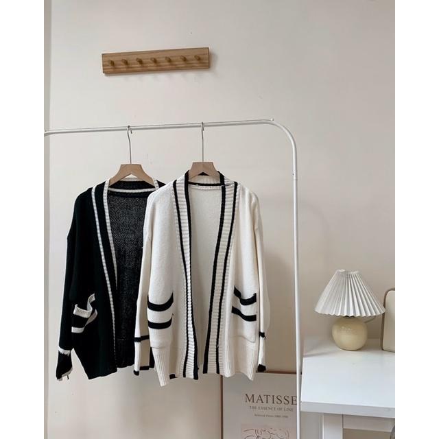 Áo khoác len cardigan nữ viền phối màu 2 túi viền đen trắng 76a11 by germe