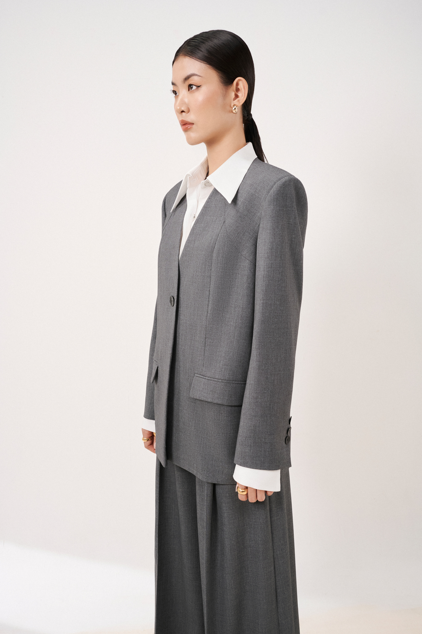 Áo blazer vai rộng không cổ Naomi thiết kế cao cấp WHITE CHIC