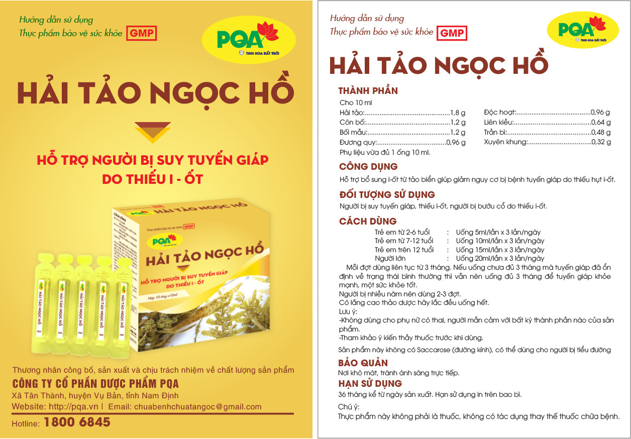 Hải Tảo Ngọc Hồ PQA Hỗ Trợ Bổ Sung I-Ốt Từ Tảo Biển Giúp Giảm Nguy Cơ Bị Bệnh Tuyến Giáp Hộp 10 Ống