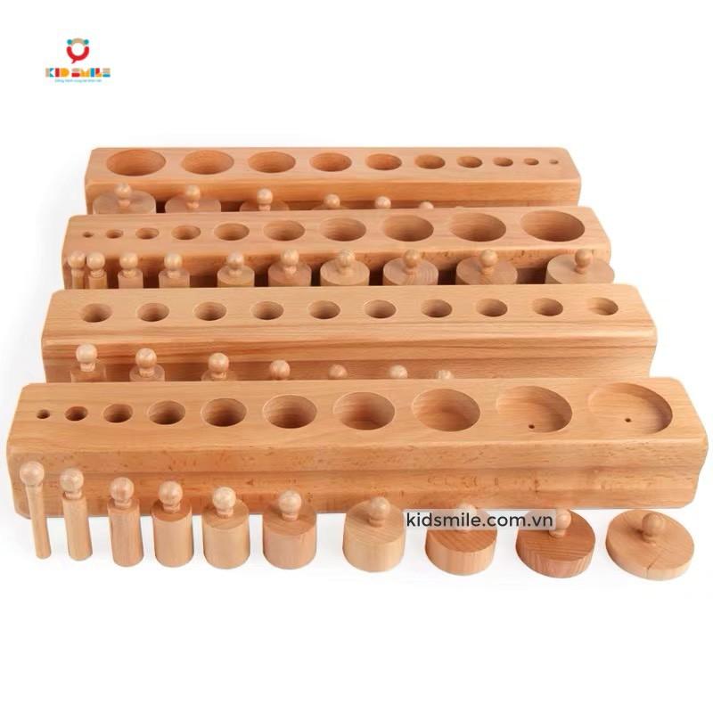 Giáo Cụ Montessori cơ bản thuộc lĩnh vực cảm quan gồm Bộ trụ có núm, không núm, thang nâu, tháp hồng