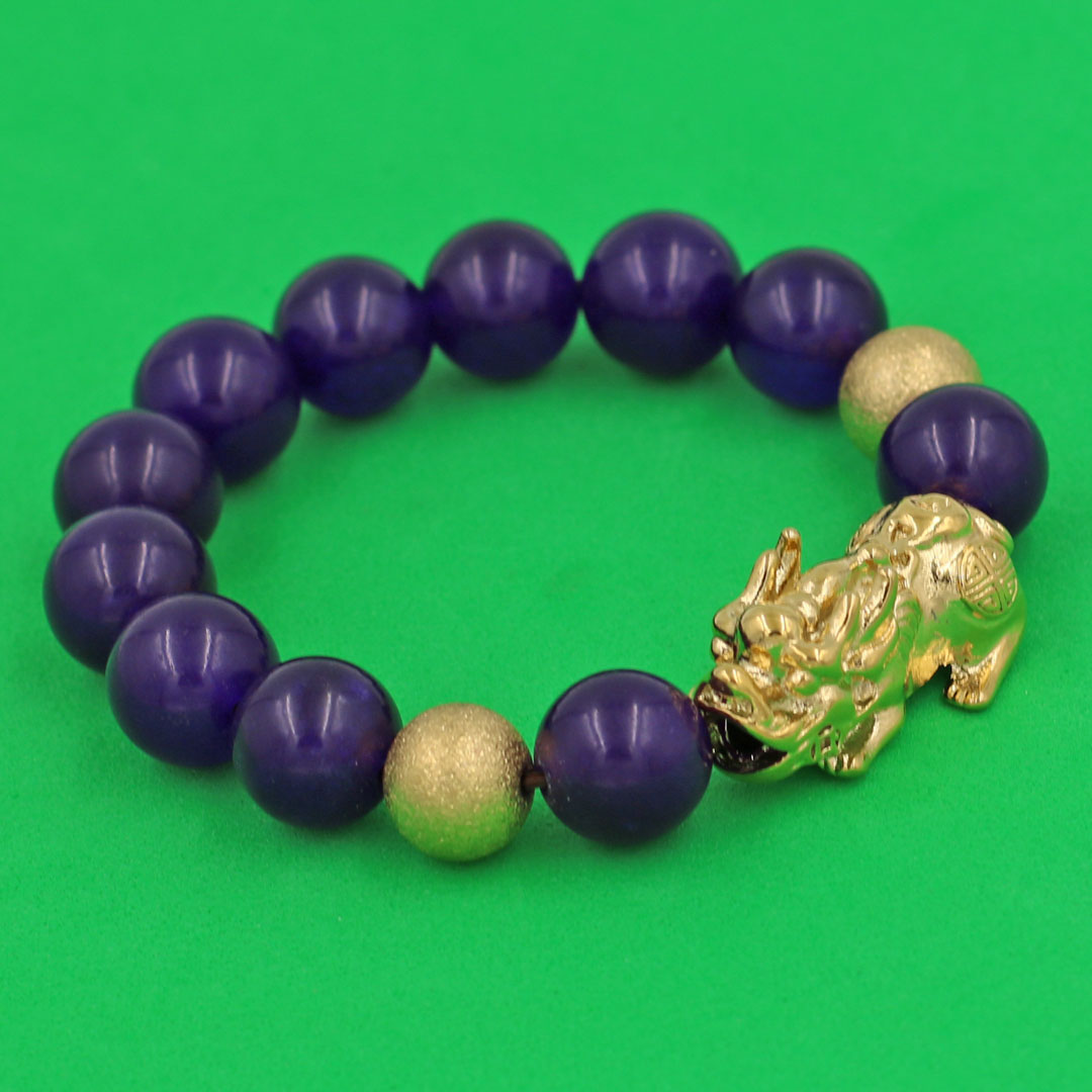 Vòng chuỗi đeo tay đá thạch anh tím 14 ly  charm tỳ hưu và bi inox vàng, vòng tay chuỗi hạt