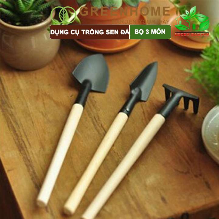 Dụng Cụ Làm Vườn Greenhome, 3 Món Gồm Xẻng Xúc Đất, Cào , Mini, Cán Gỗ, Tiện Lợi, Dễ Sử Dụng, Trồng Sen Đá, Tiểu Cảnh