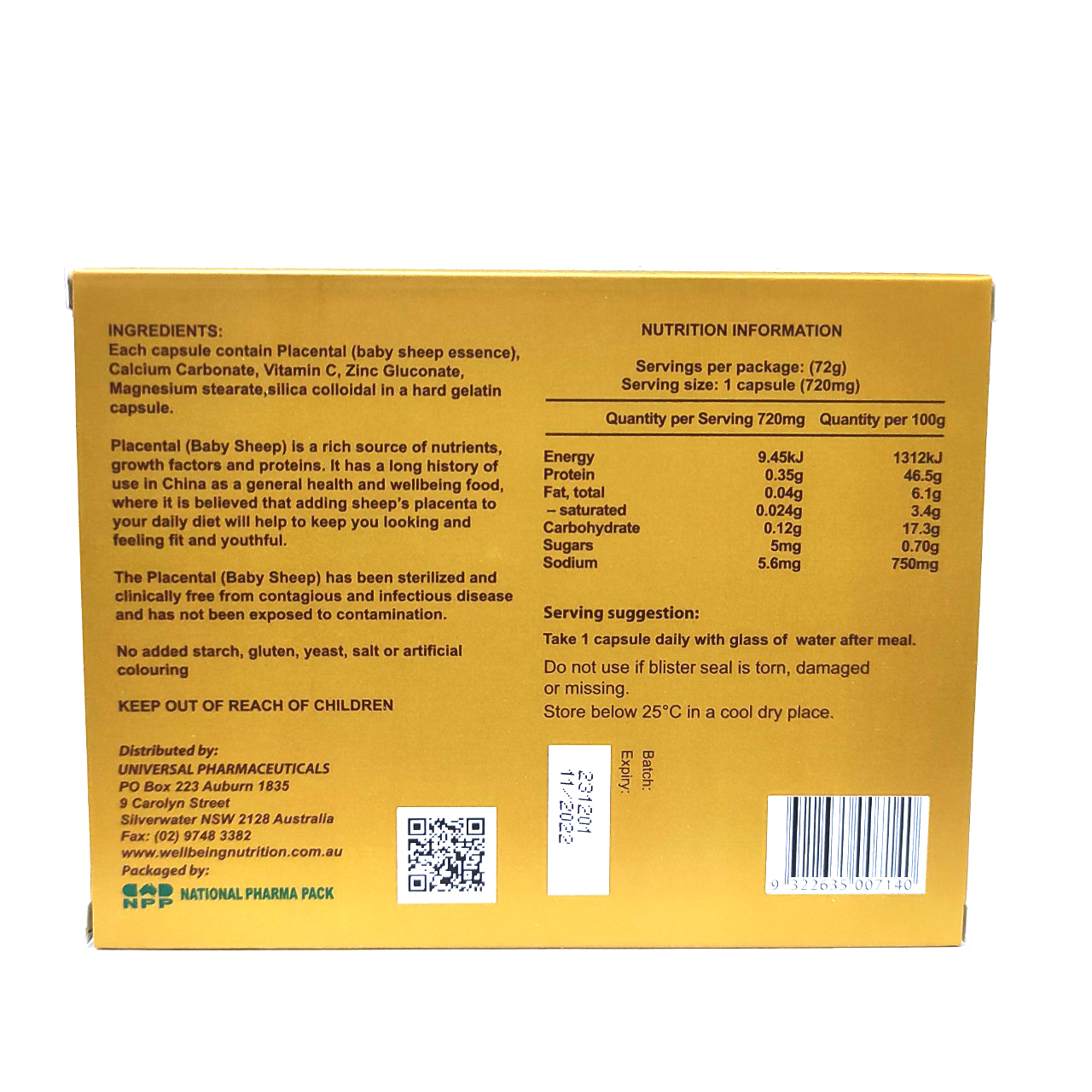 Viên uống nhau thai cừu WELL BEING NUTRITION MAXI 50000 PLACENTAL - 100 Viên - chống lão hóa da, tăng đàn hồi da, giúp da sáng mịn