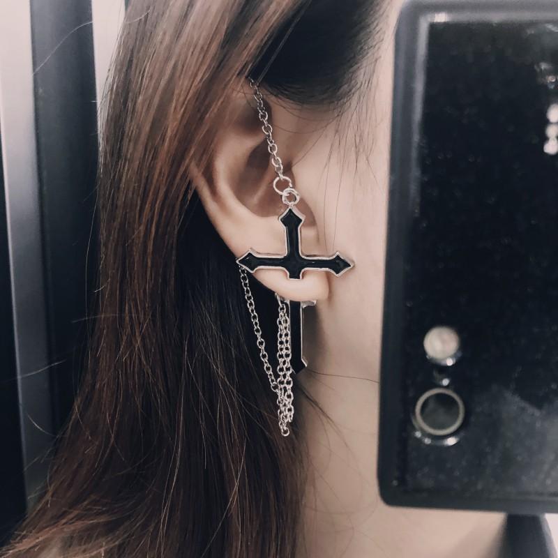 Bông tai nam nữ chữ thập dây xích Unisex