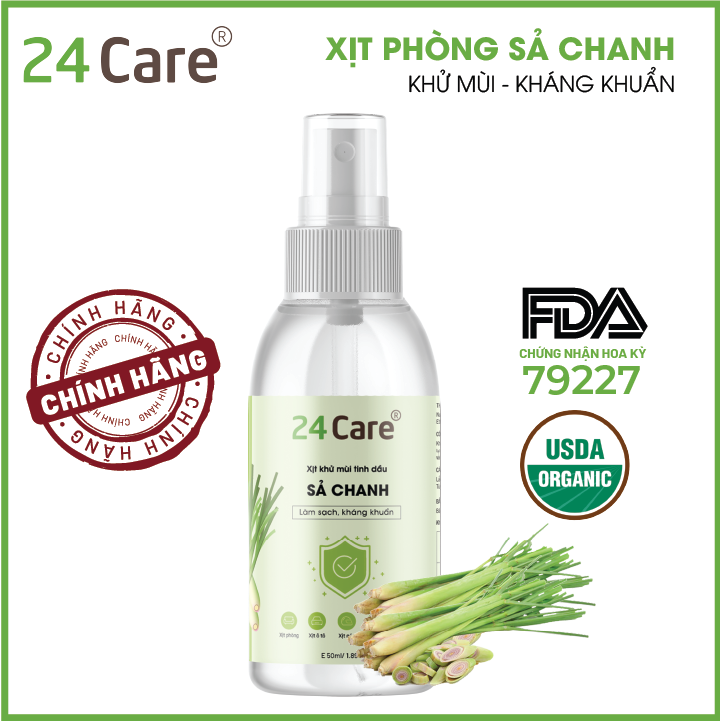 Xịt Phòng Tinh Dầu Sả Chanh Hữu Cơ Organic 24Care 50ML/100ML - Kháng khuẩn - Khử mùi hôi - Đuổi muỗi, kiến ba khoan,Vắt - Côn trùng - Hương thơm thư giãn