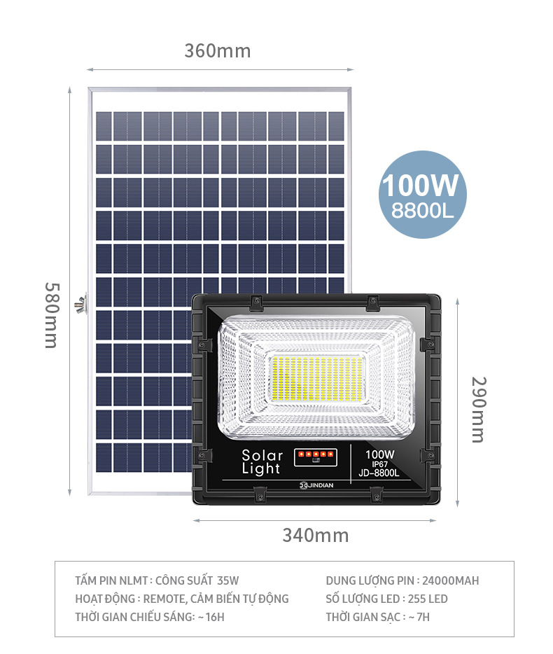 Đèn năng lượng mặt trời 100W JD8800L, 240 chip LED SMD nhập khẩu cao cấp tăng độ sáng đến 30%